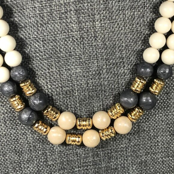 Two Strand Ivory Gray Beige Gold Tone Beaded Layered 18 Necklace Foldover Clasp - Picture 2 of 5